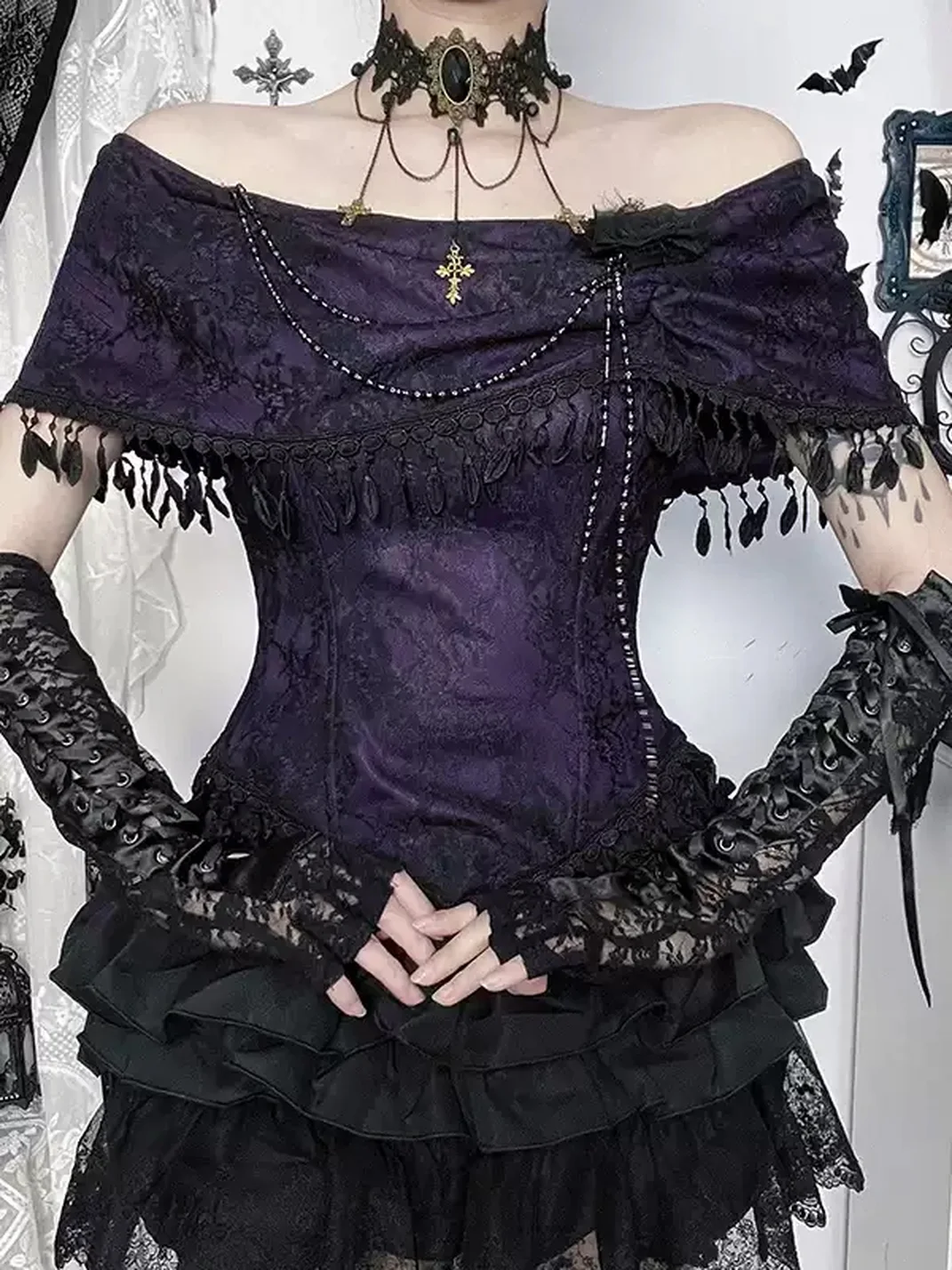 Wannathis | Gothic Off-Shoulder Top And Ruffled Mini Skirt