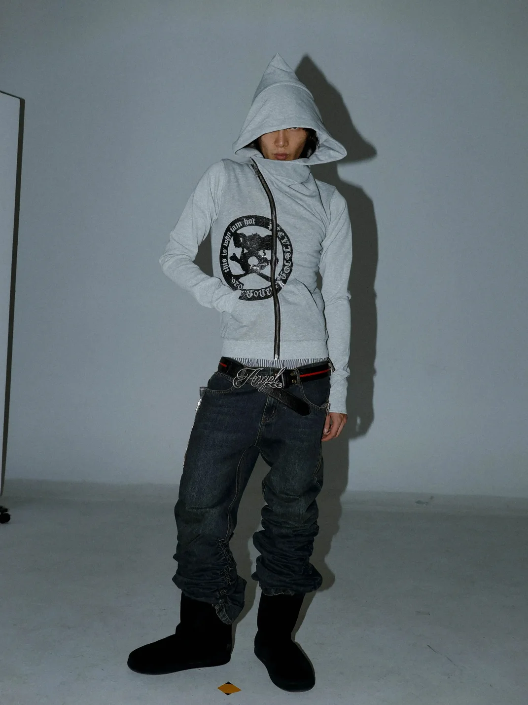 PCCVISION | Skull Print Asymmetric-Zip Hooded Sweatshirt