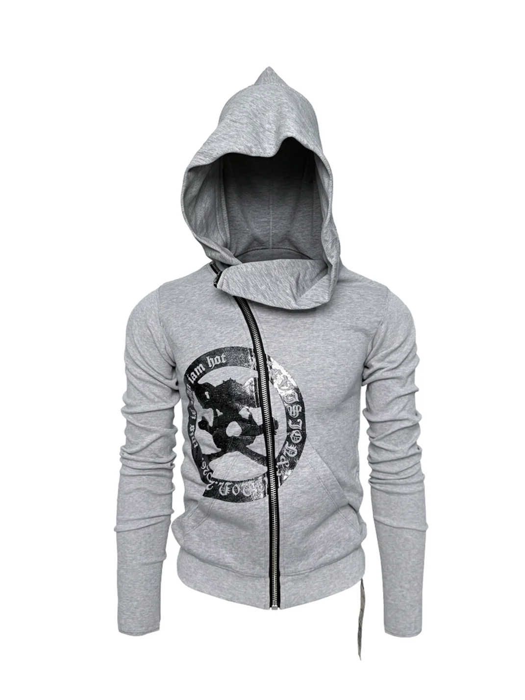 PCCVISION | Skull Print Asymmetric-Zip Hooded Sweatshirt