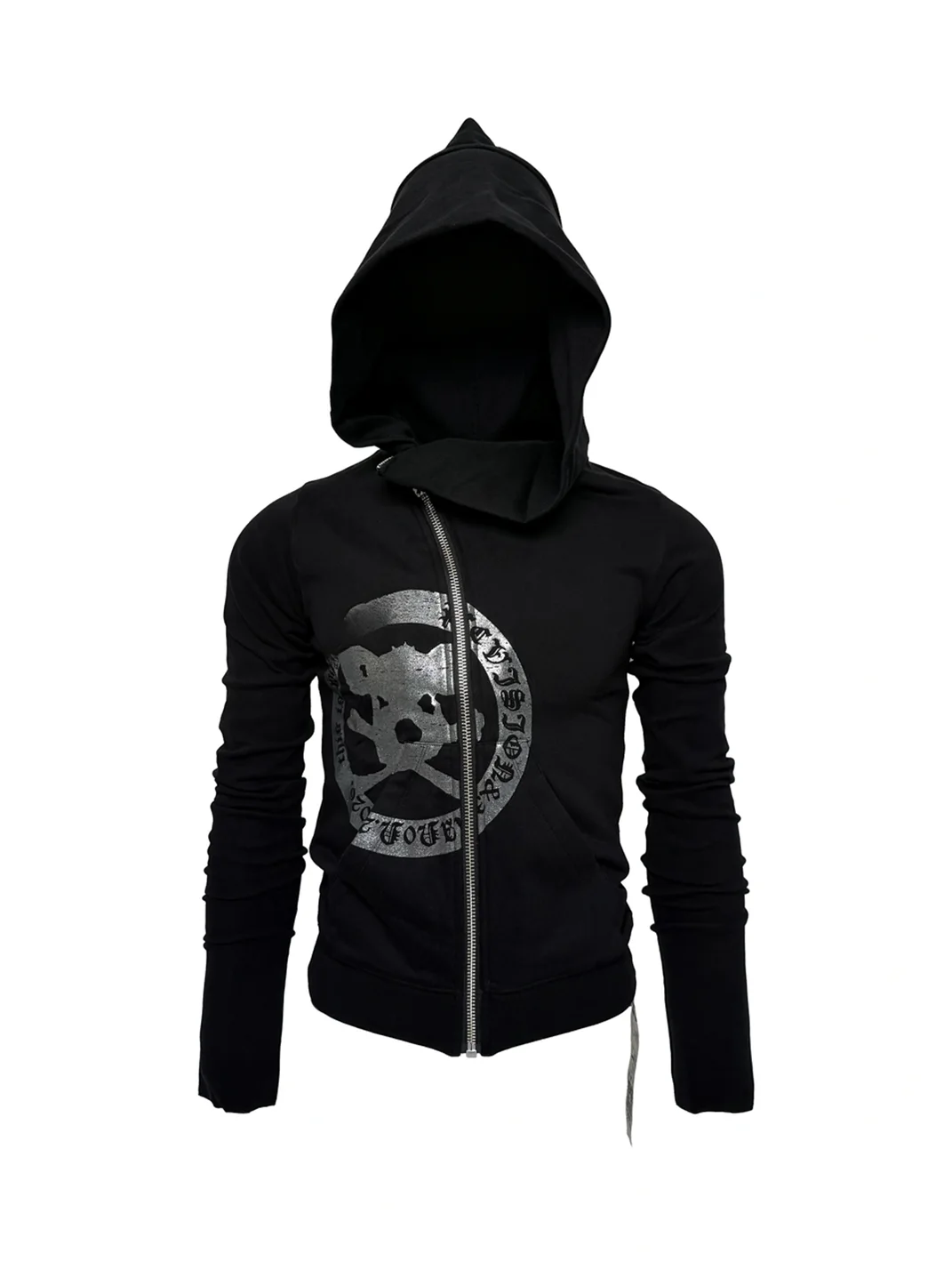 PCCVISION | Skull Print Asymmetric-Zip Hooded Sweatshirt