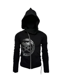 PCCVISION | Skull Print Asymmetric-Zip Hooded Sweatshirt