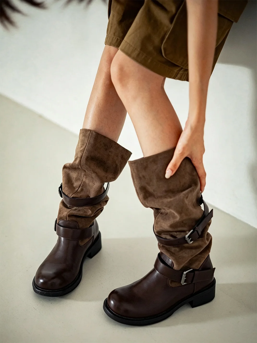 MIAOLV | Retro Buckle Slouchy Rider Boots