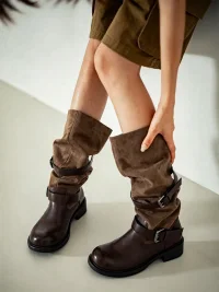 MIAOLV | Retro Buckle Slouchy Rider Boots