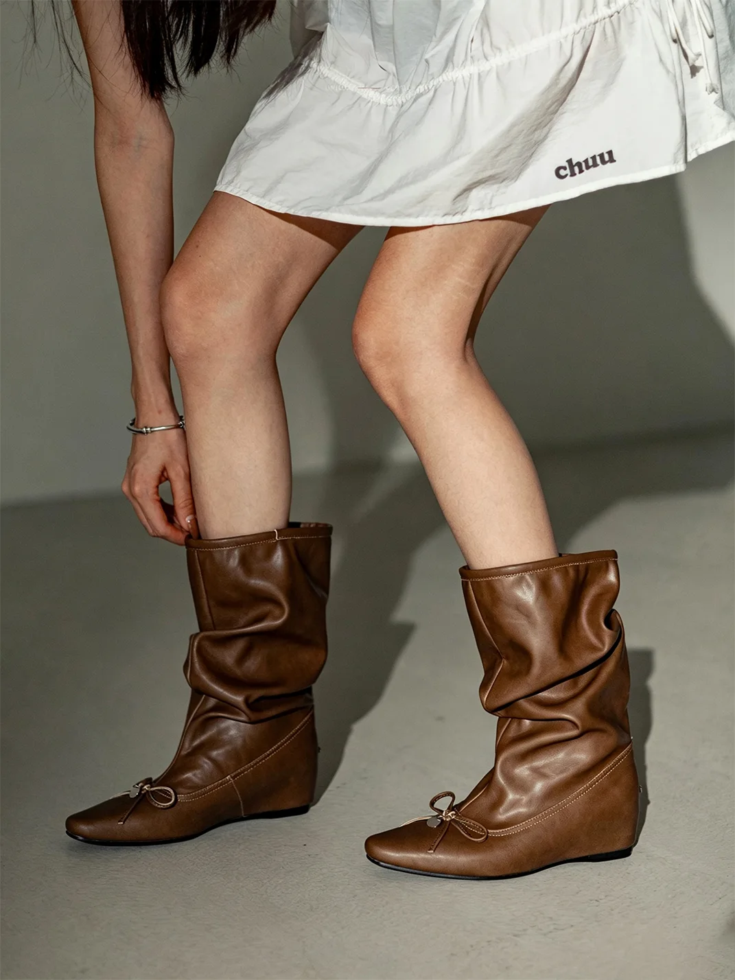 MIAOLV | Pointed Toe Bow Slouch Mid-Calf Boots
