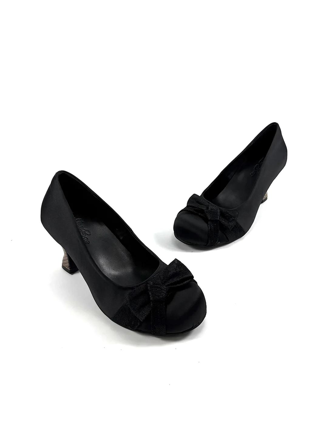 Dolly Bae | Black Satin Bow Sculpted Heel Pumps