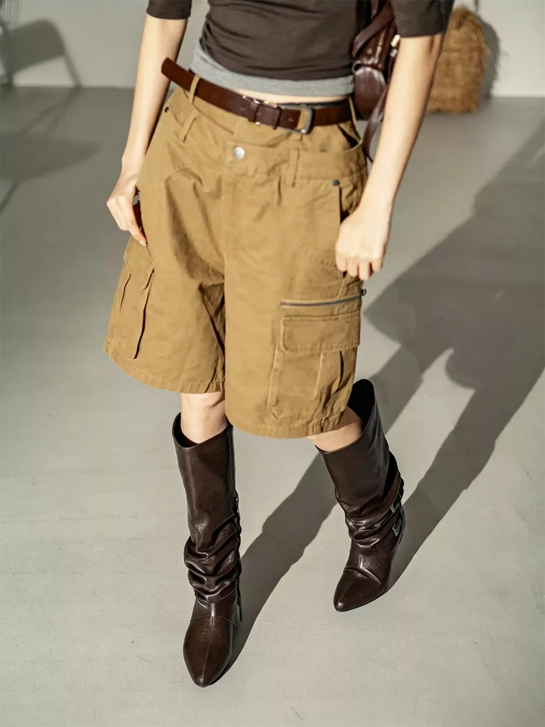 MIAOLV | Pointed Toe Buckle Slouch Knee-High Boots