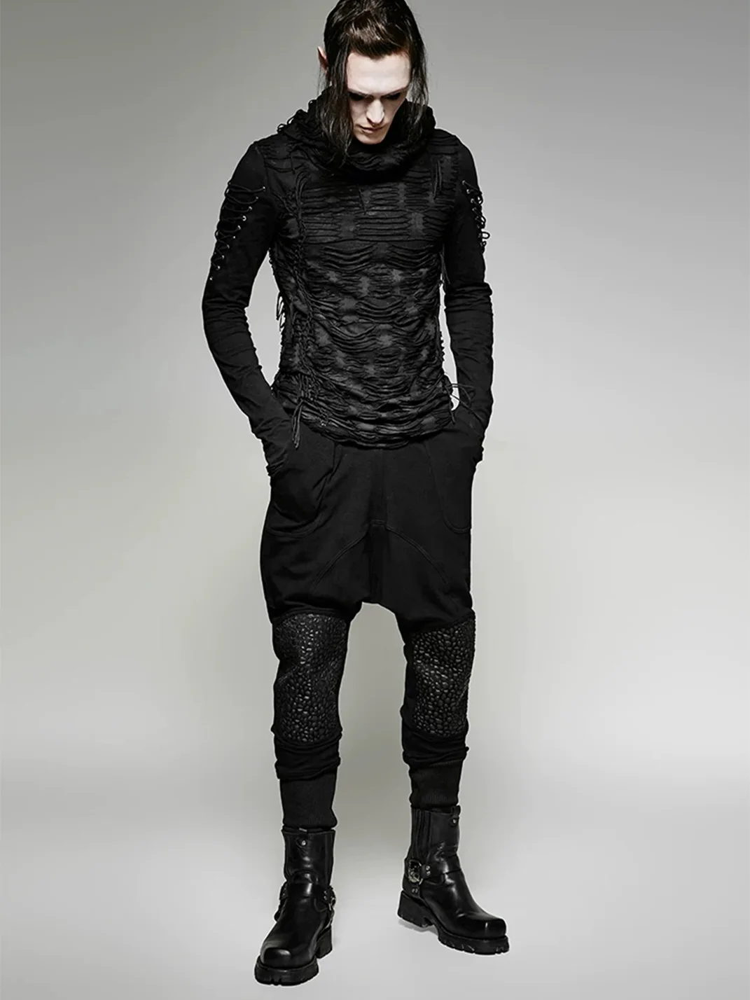 GTLLT | Gothic Distressed Hooded Long Sleeve T-Shirt