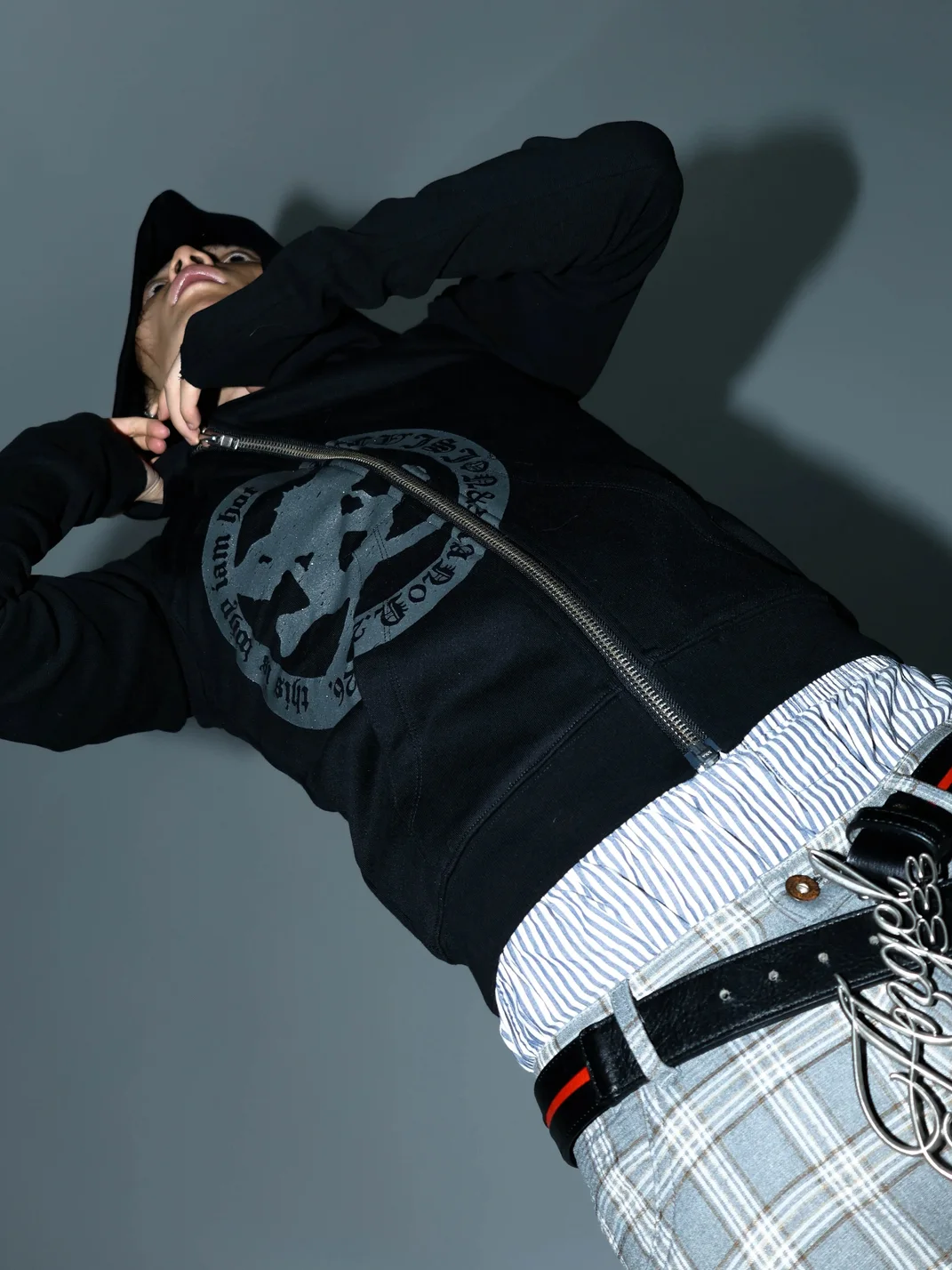 PCCVISION | Skull Print Asymmetric-Zip Hooded Sweatshirt