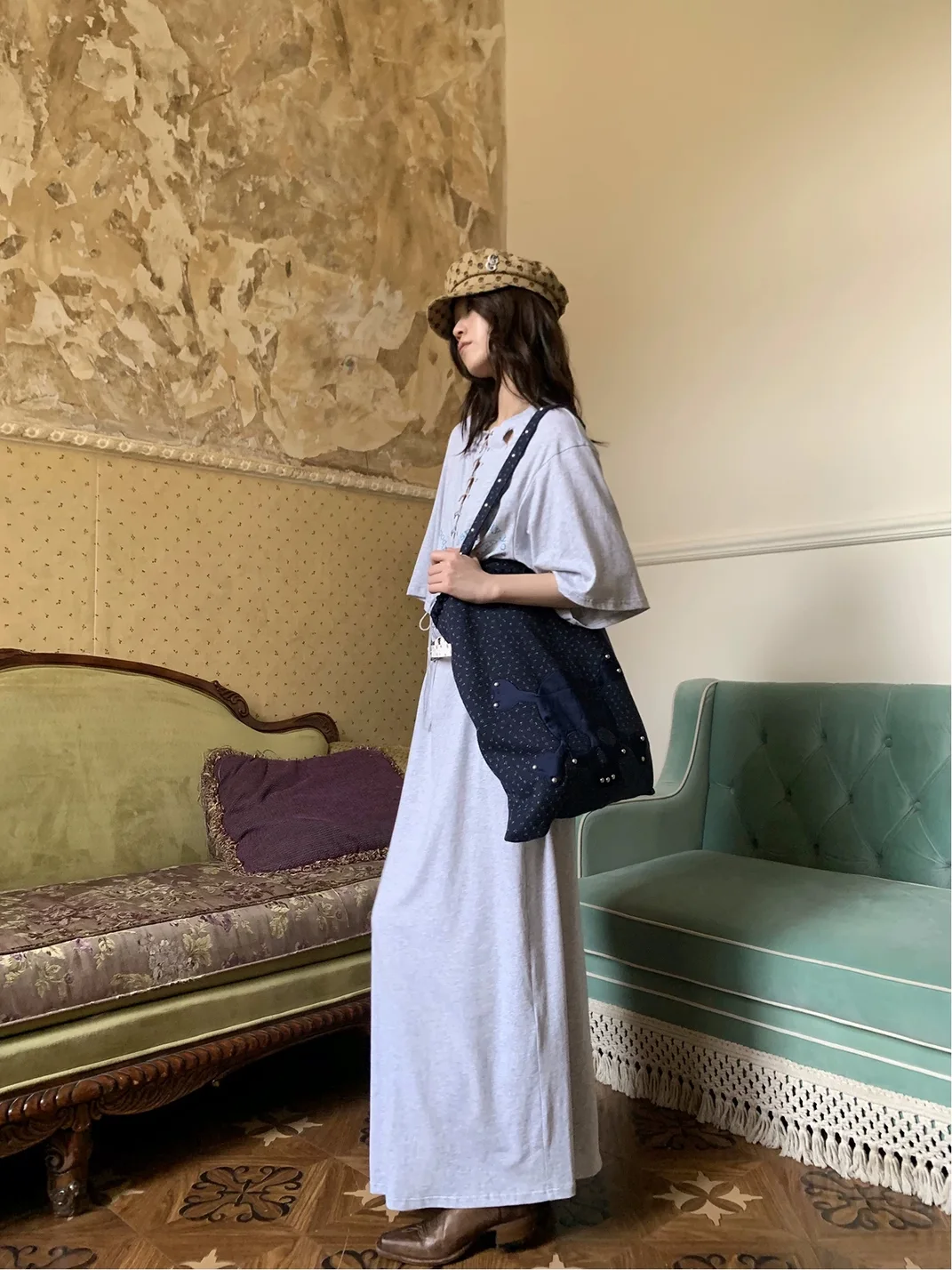 FOURFORTY | Loose Angel Print Lace-Up Maxi Dress