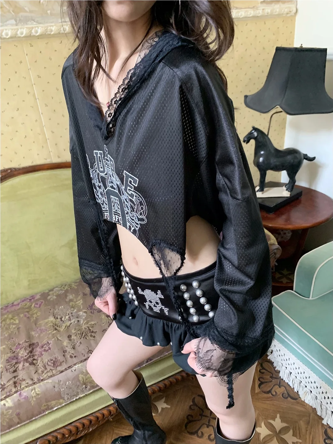 FOURFORTY | Lace Mesh Cropped Hooded Jersey