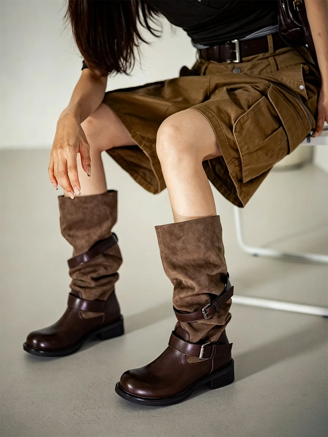 MIAOLV | Retro Buckle Slouchy Rider Boots