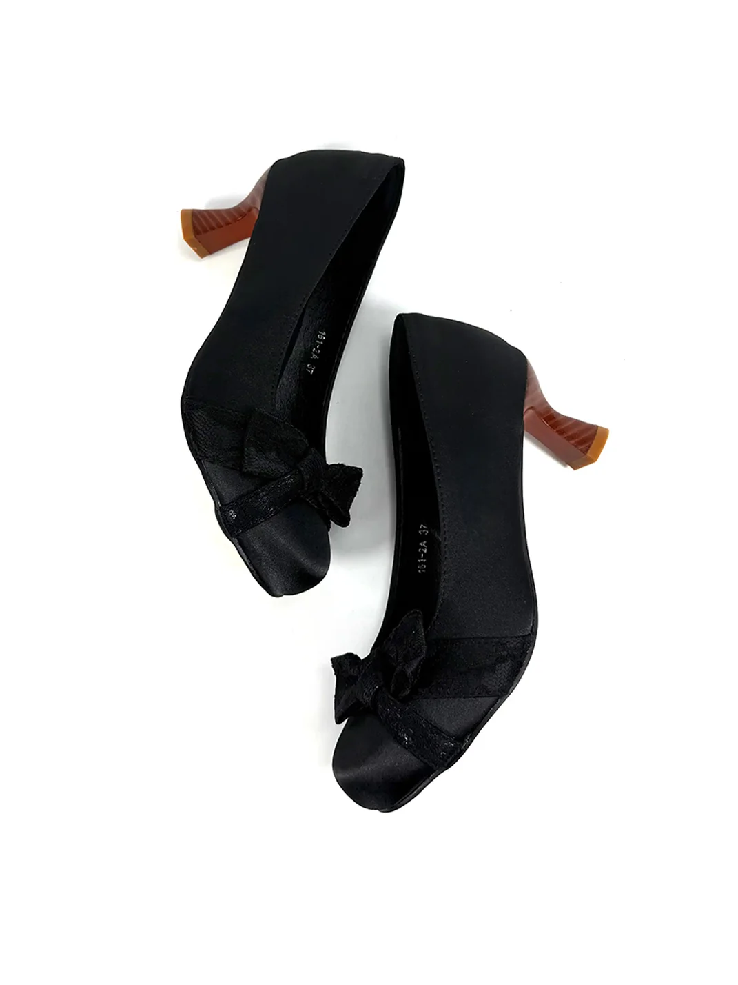 Dolly Bae | Black Satin Bow Sculpted Heel Pumps