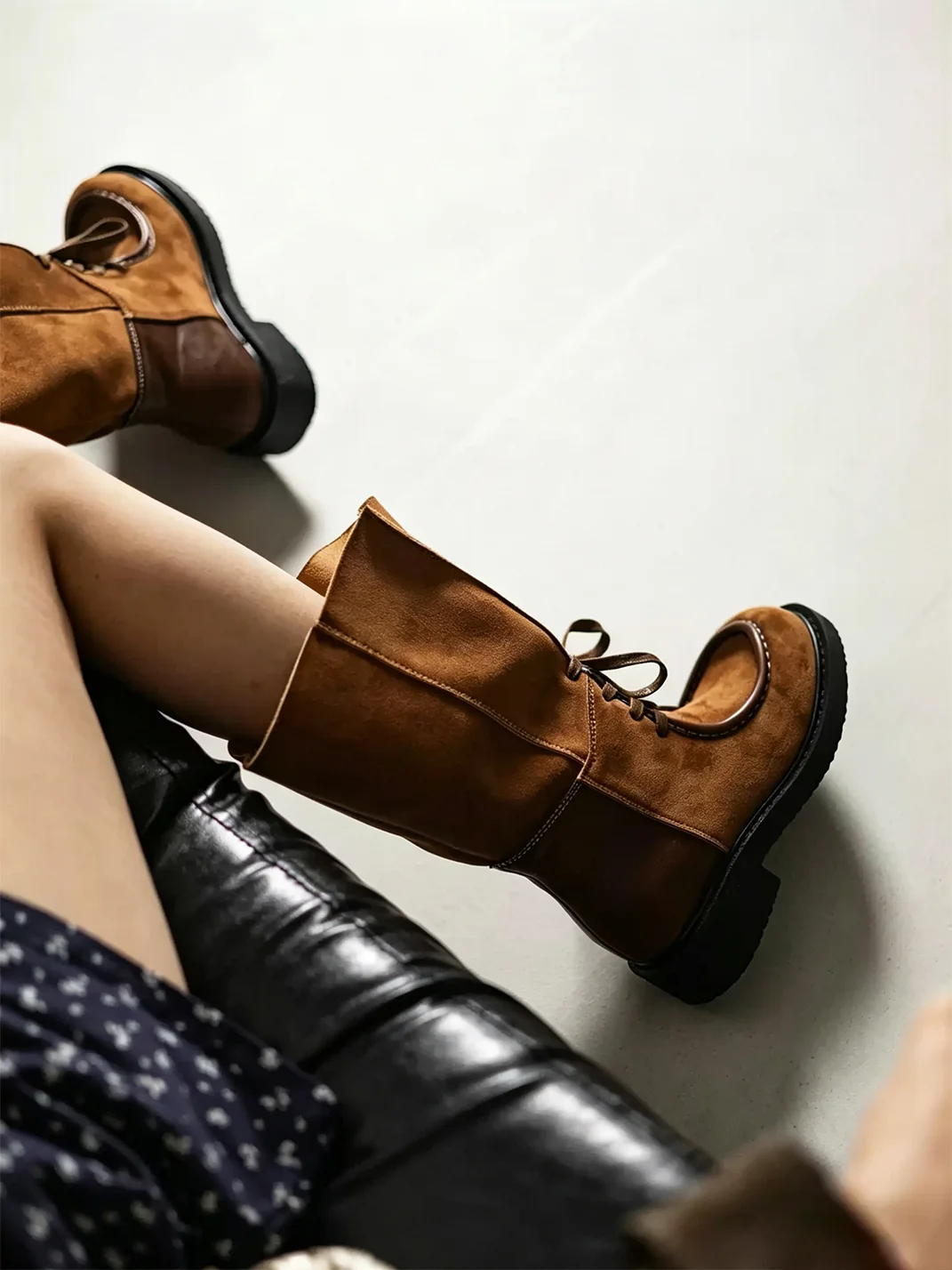 MIAOLV | Retro Lace-Up Patchwork Mid-Calf Boots