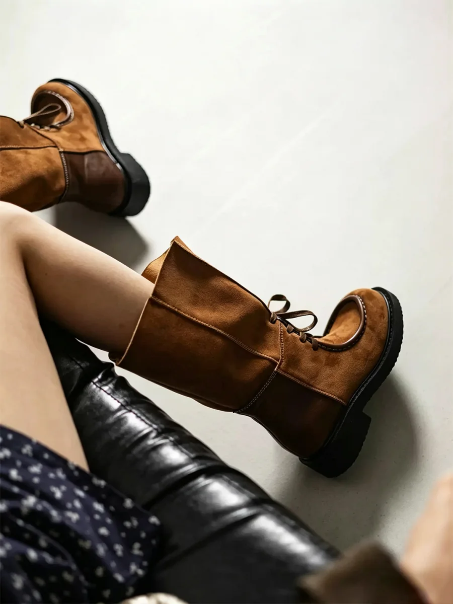 MIAOLV | Retro Lace-Up Patchwork Mid-Calf Boots - 4