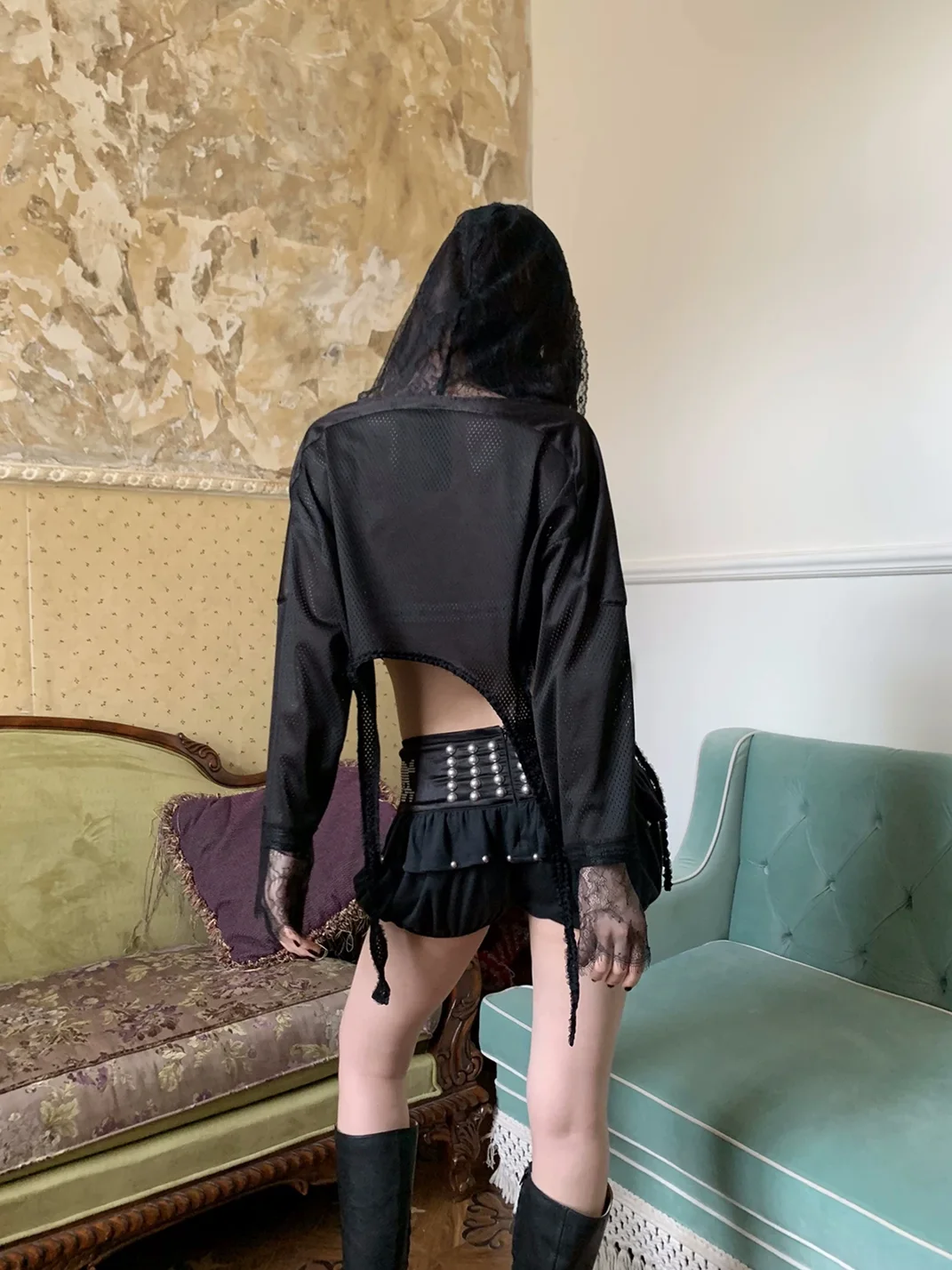 FOURFORTY | Lace Mesh Cropped Hooded Jersey