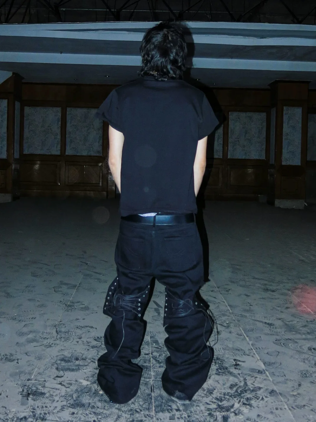 PCCVISION | Adjustable Black Leather-Panel Flared Jeans