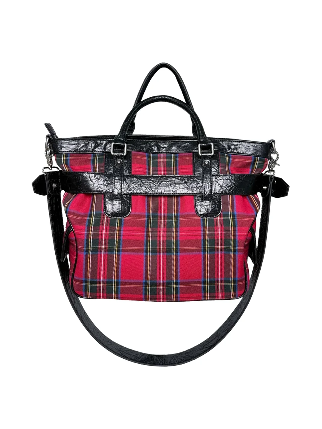 PCCVISION | Red Plaid Studded Strap Tote Bag