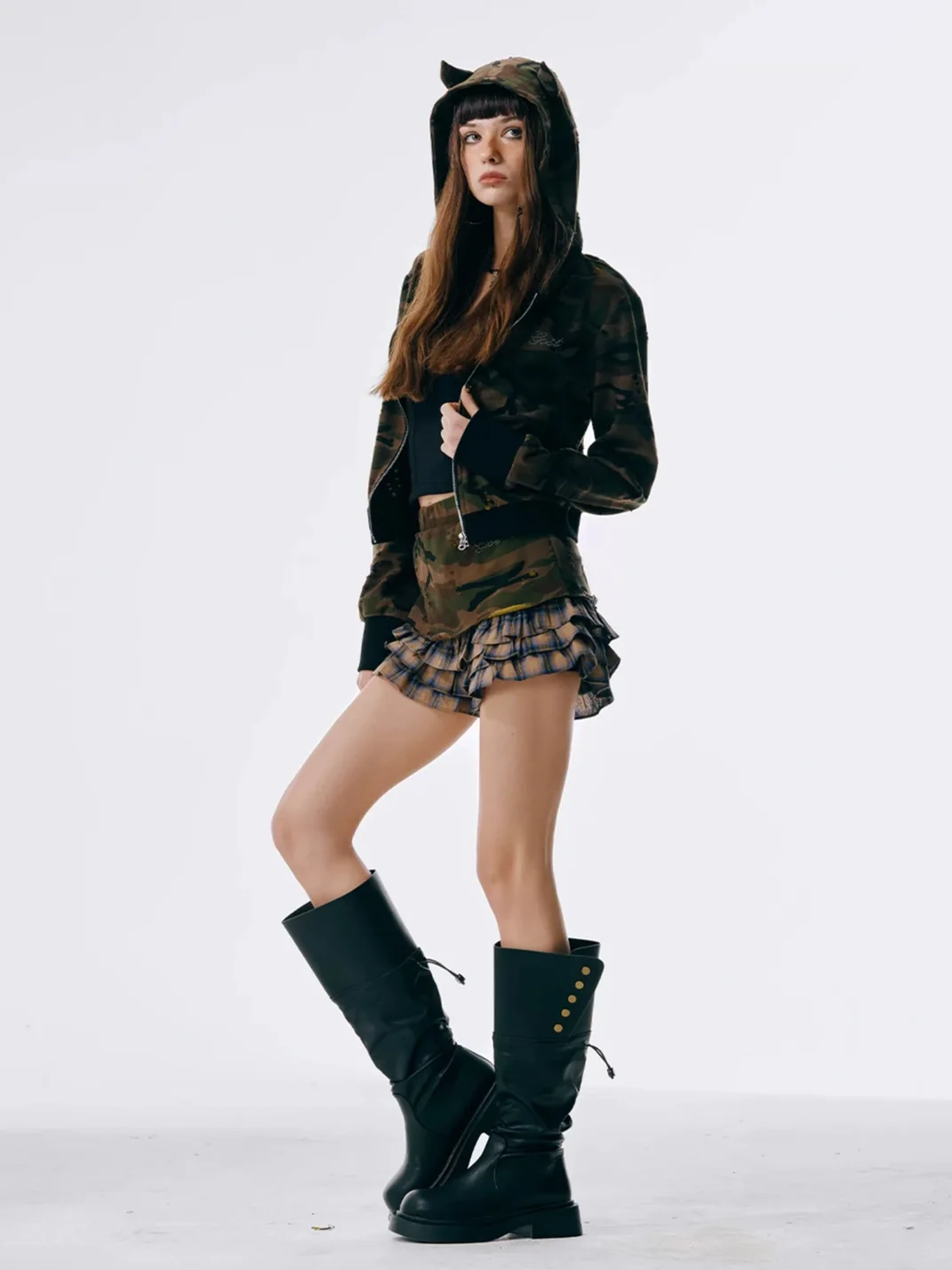 GOST | Camouflage Devil Horn Cropped Hooded Jacket