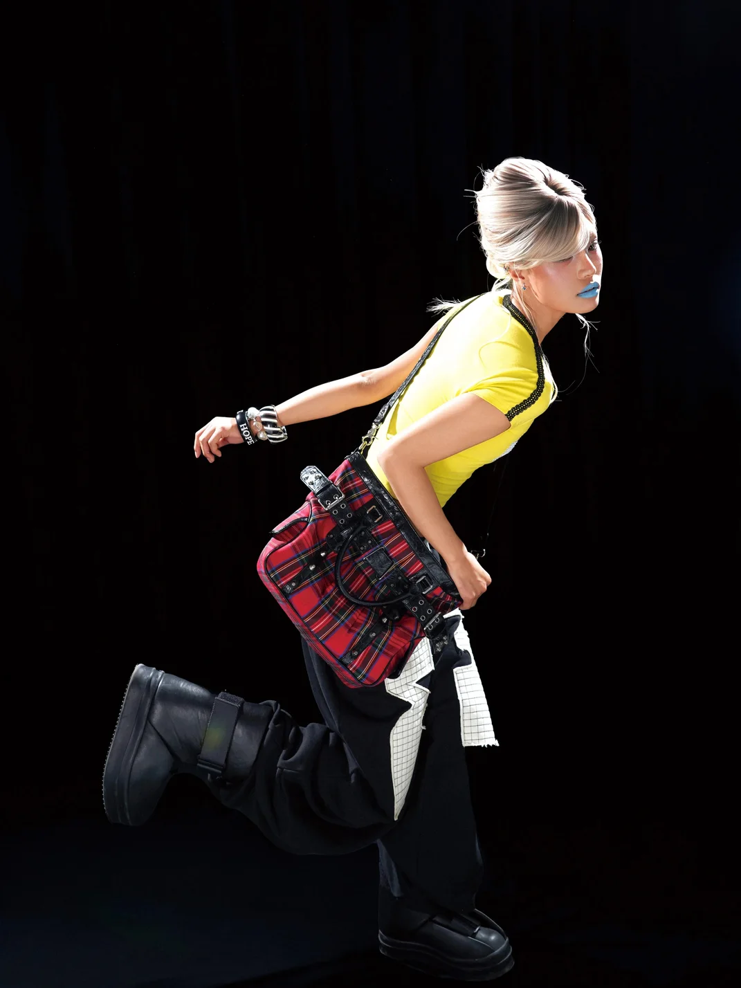 PCCVISION | Red Plaid Studded Strap Tote Bag