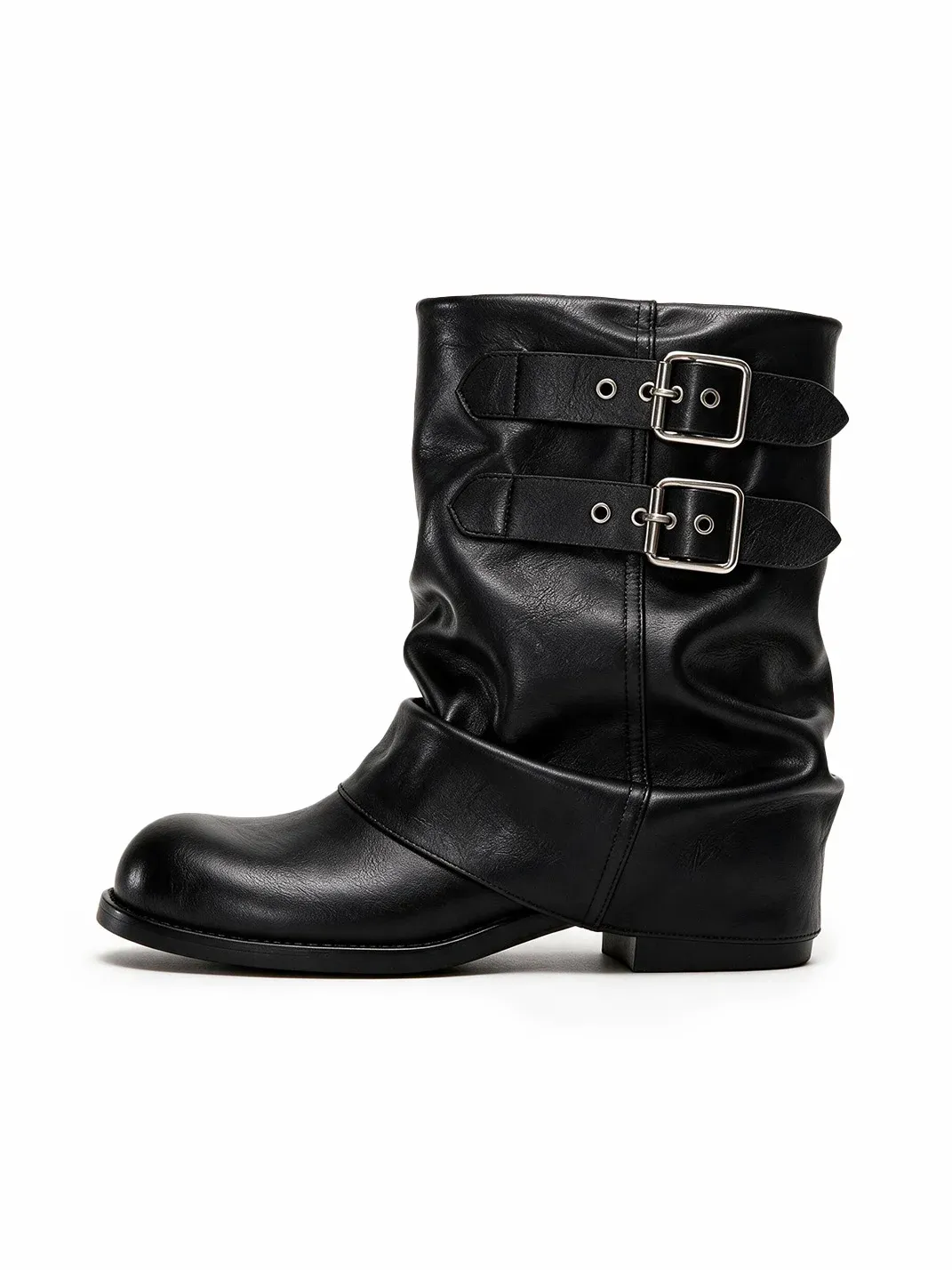 MIAOLV | Retro Double-Buckle Platform Slouch Mid-Calf Boots