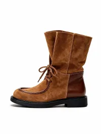 MIAOLV | Retro Lace-Up Patchwork Mid-Calf Boots