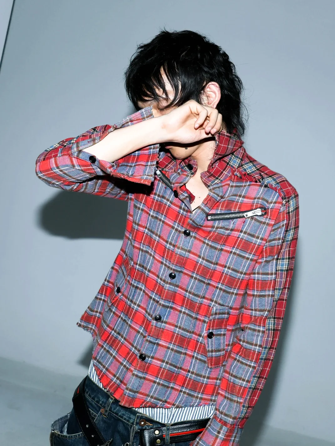 PCCVISION | Red Blue Plaid Distressed Long Sleeve Shirt