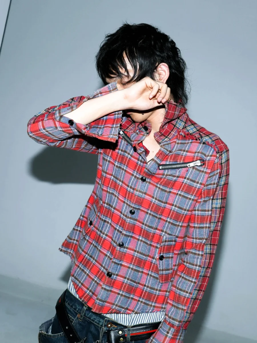 PCCVISION | Red Blue Plaid Distressed Long Sleeve Shirt - 2