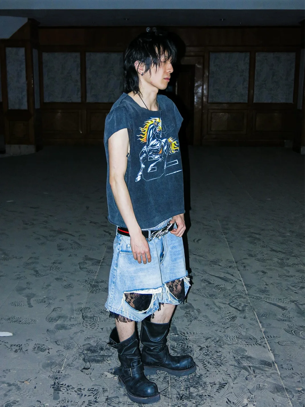 PCCVISION | Distressed Raw Edge Horse Print T-Shirt