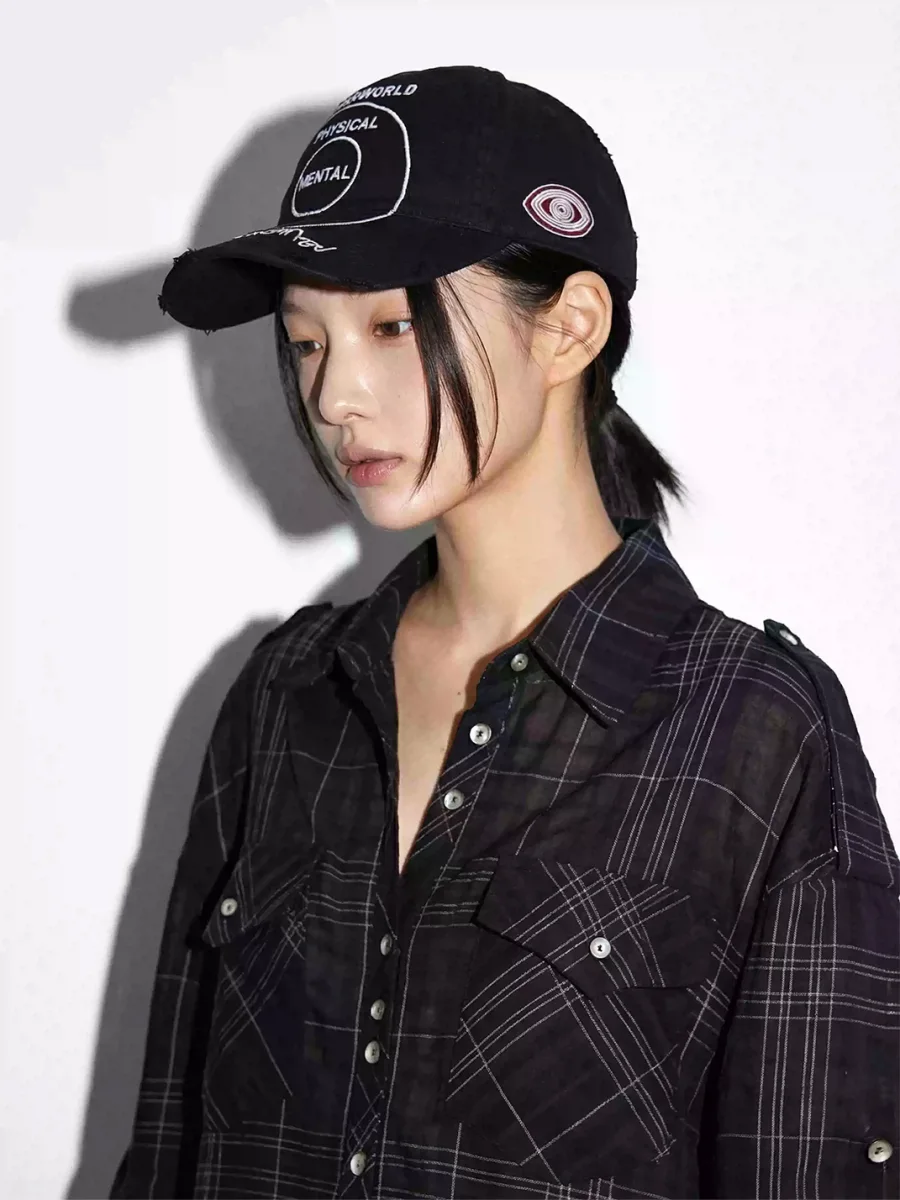 REDRINSE | Distressed Embroidered Washed Curved Brim Baseball Cap - 3
