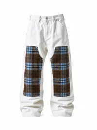 KARMANISTIC | Vintage Plaid Patchwork Wide Leg Jeans