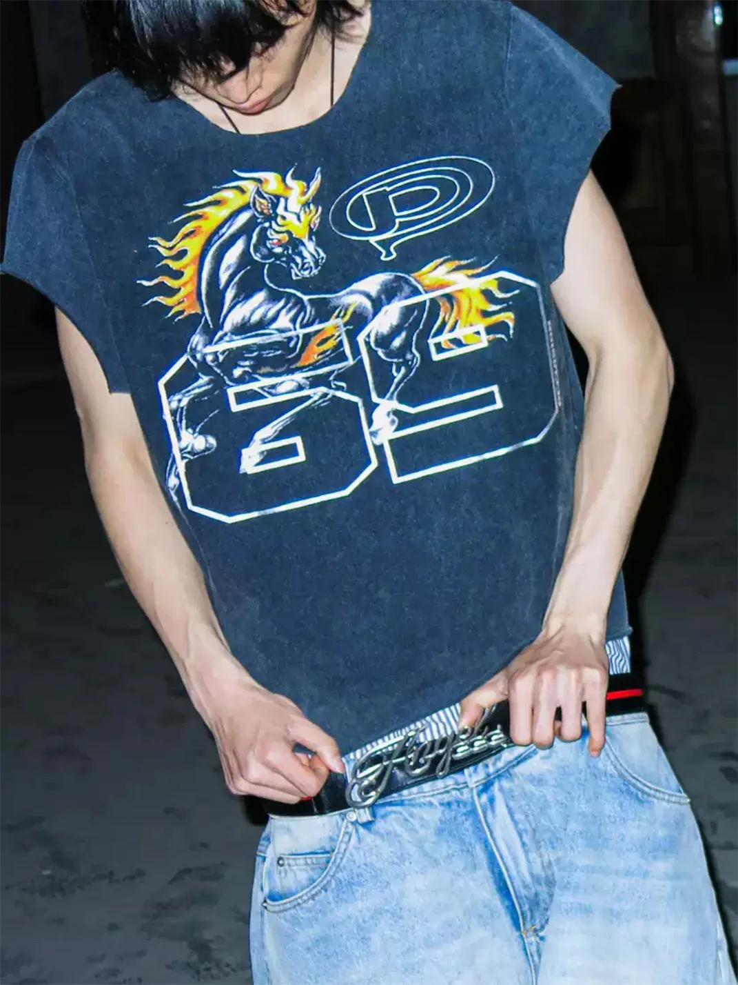 PCCVISION | Distressed Raw Edge Horse Print T-Shirt