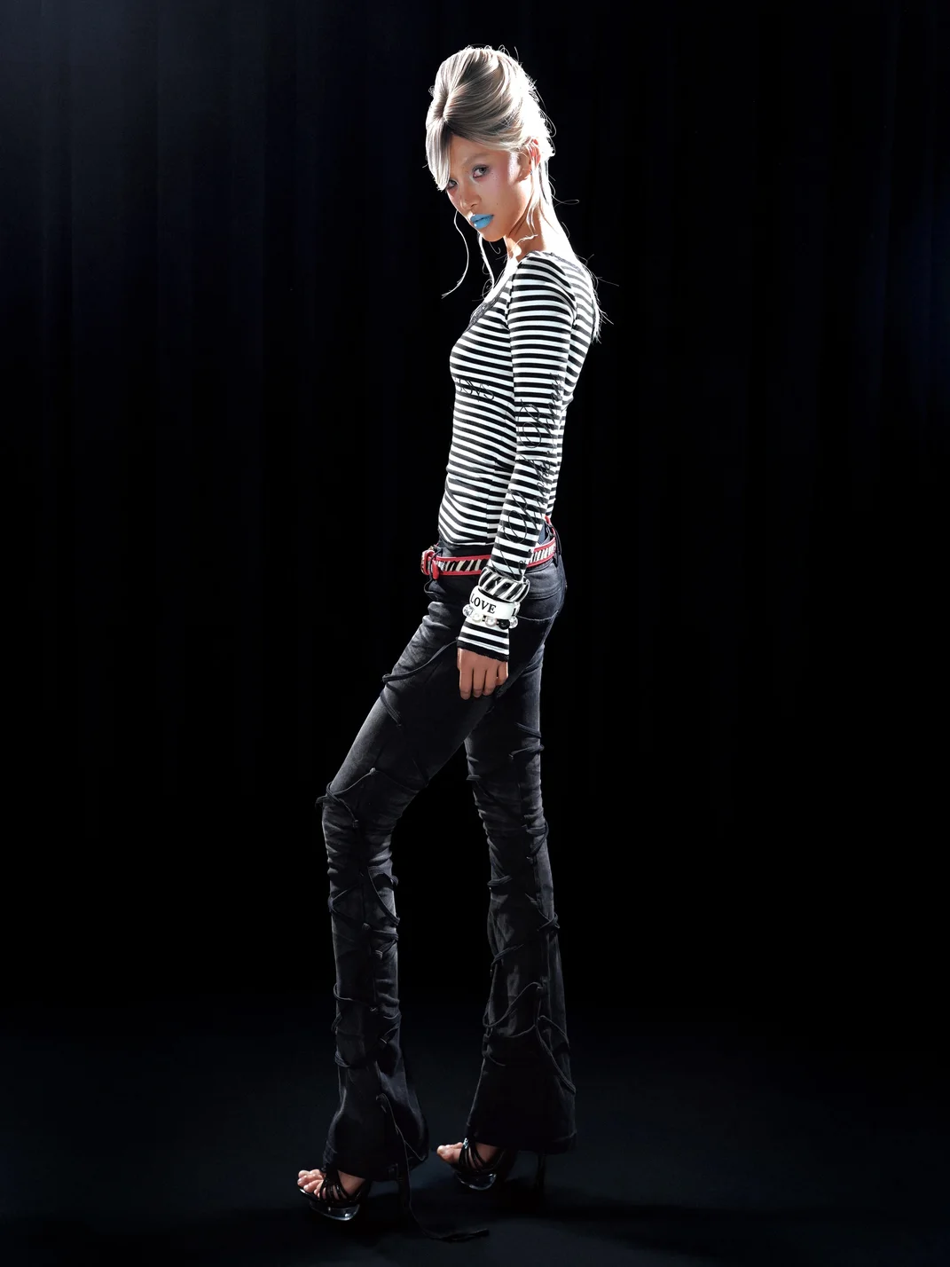 PCCVISION | Sequin Print Lace Stripe Fitted Long Sleeve T-Shirt