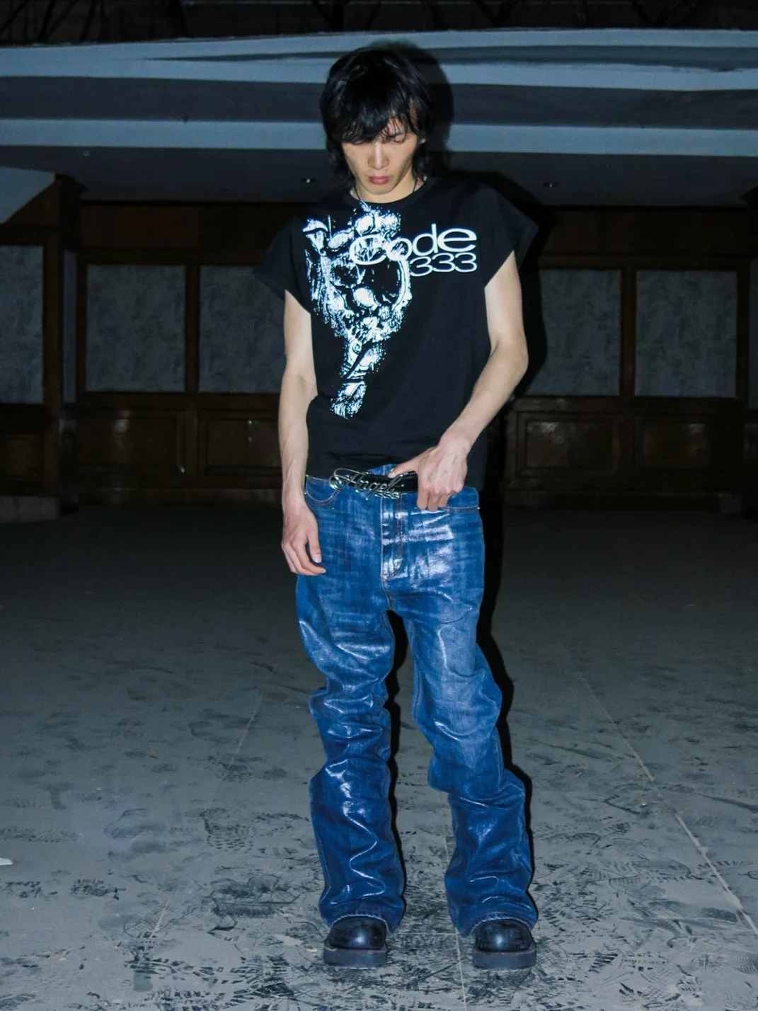 PCCVISION | Coated Dark Blue Bootcut Flare Jeans