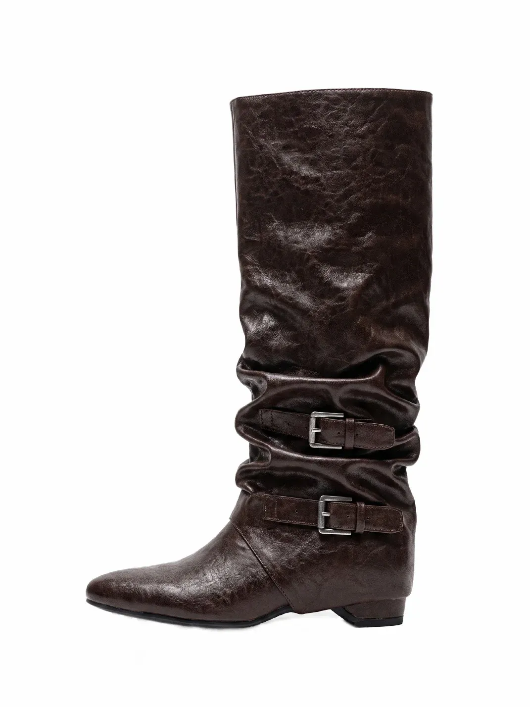 MIAOLV | Pointed Toe Buckle Slouch Knee-High Boots