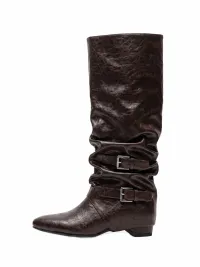 MIAOLV | Pointed Toe Buckle Slouch Knee-High Boots