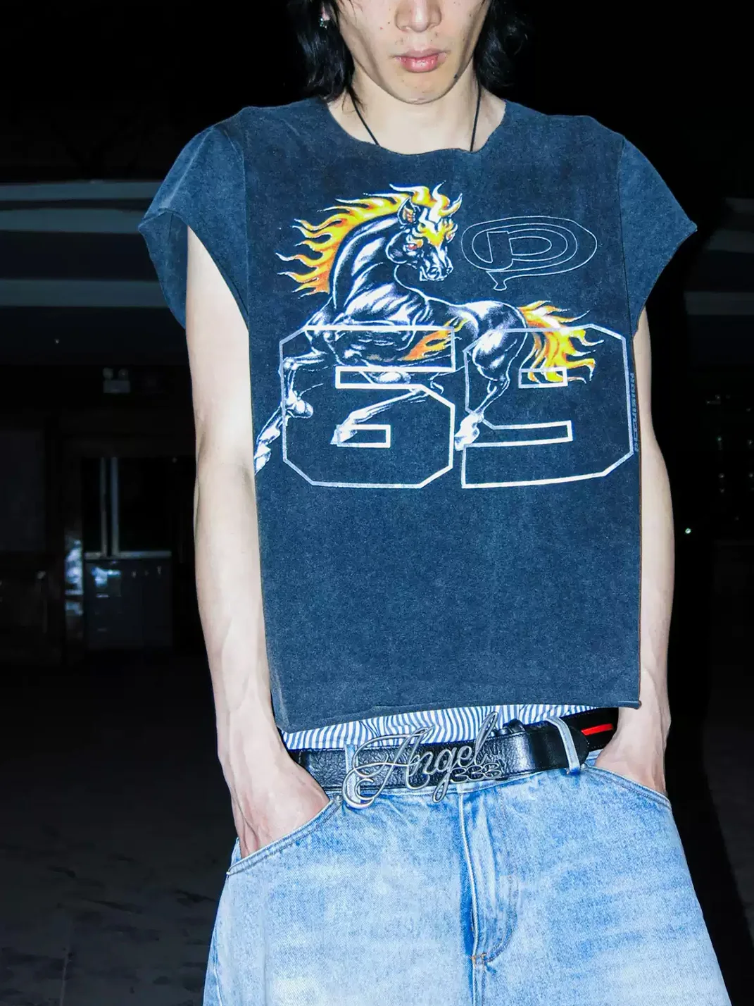 PCCVISION | Distressed Raw Edge Horse Print T-Shirt