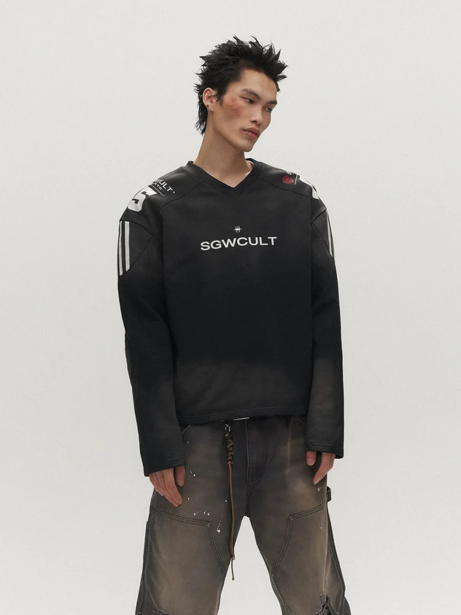 SAXGENWON | Washed Distressed Boxy Football Sweatshirt - 2