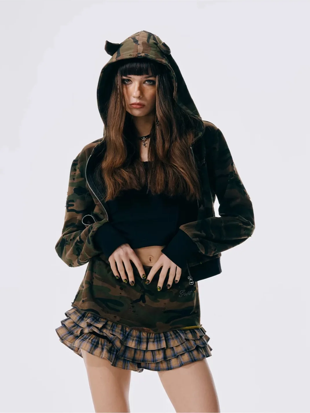 GOST | Camouflage Devil Horn Cropped Hooded Jacket