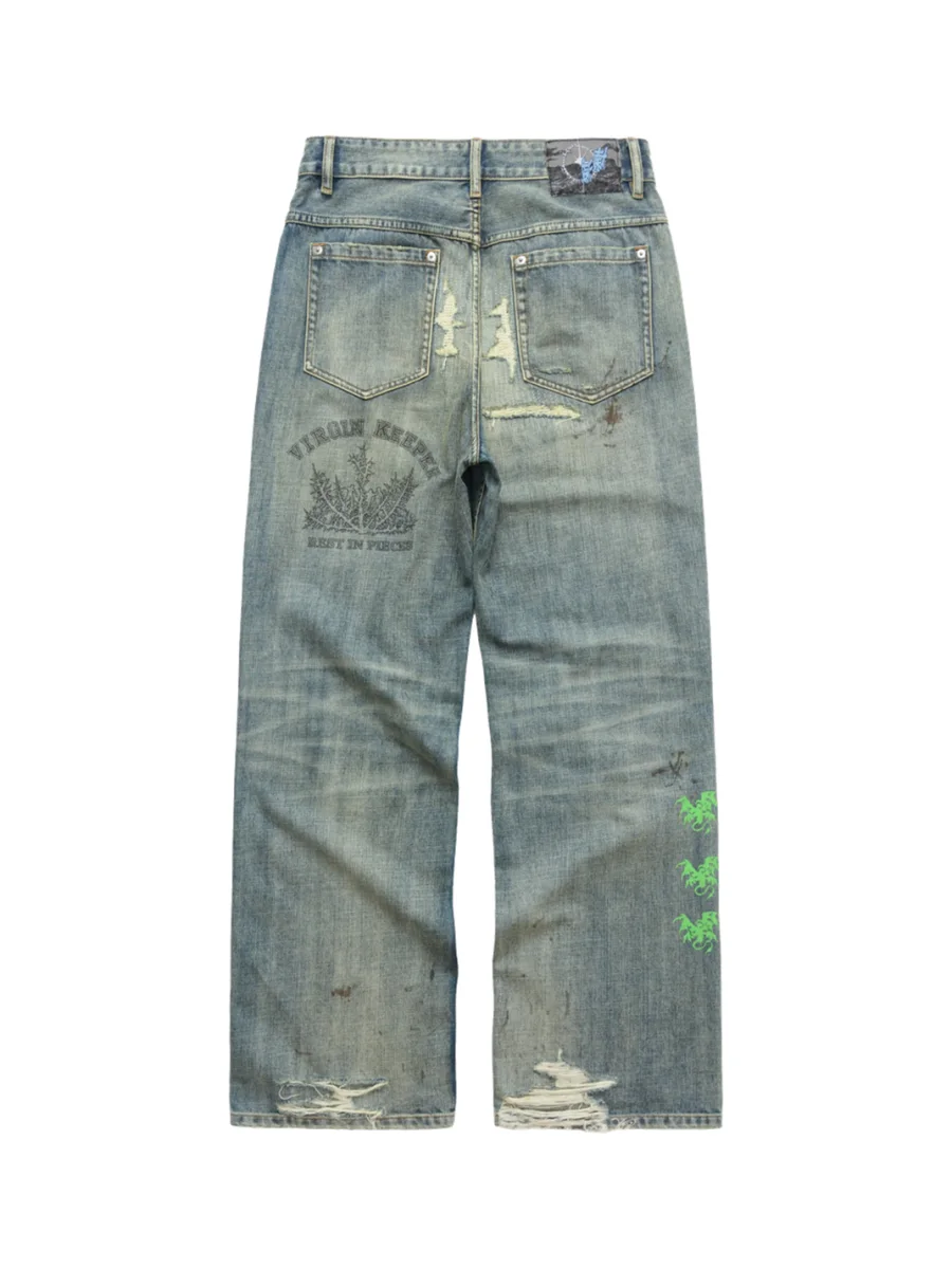 Tiesake | Vintage Washed Hand-Painted Wide-Leg Jeans - 3