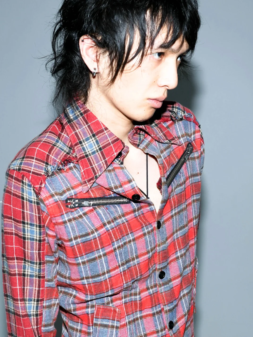 PCCVISION | Red Blue Plaid Distressed Long Sleeve Shirt