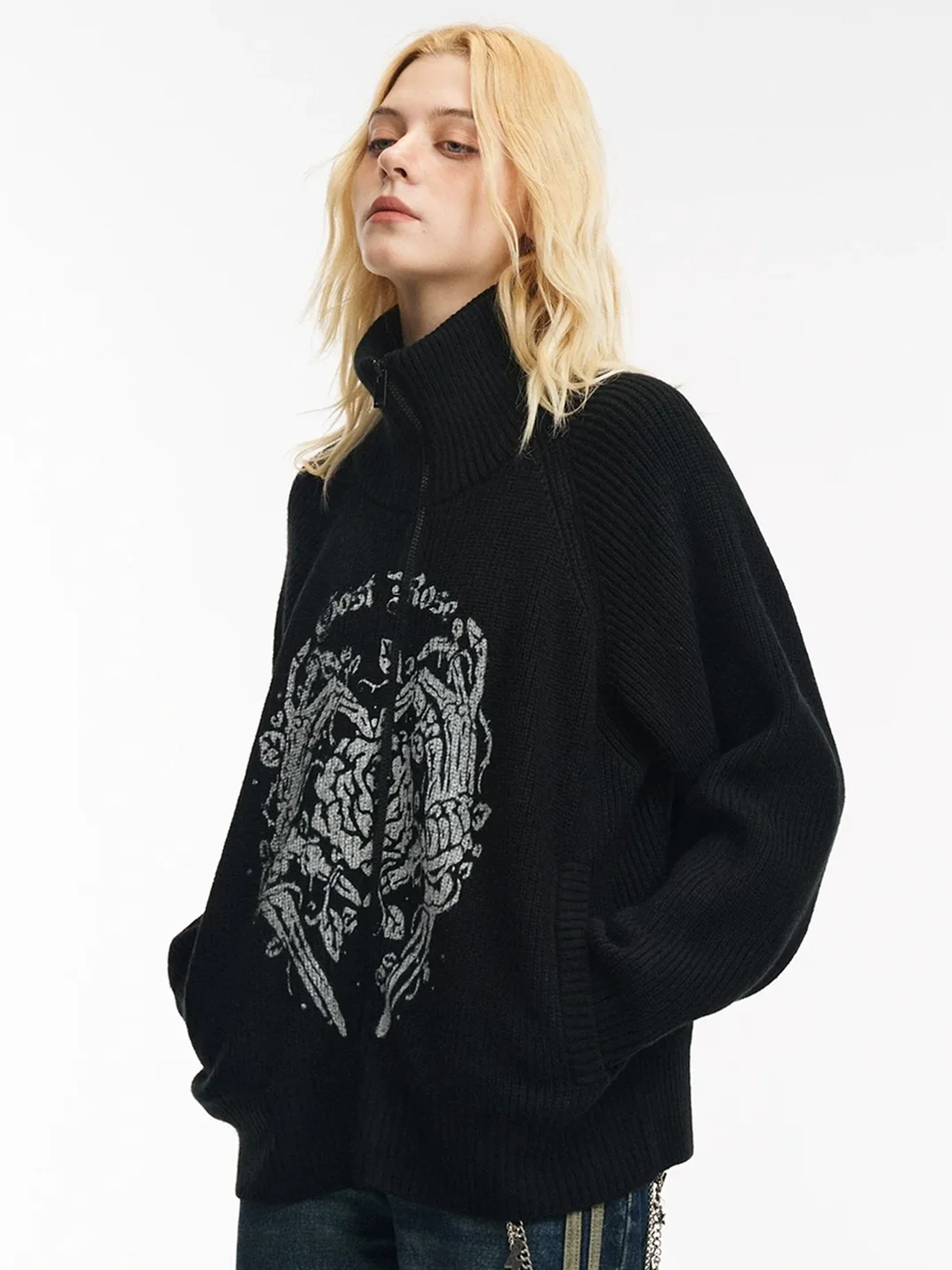 GOST | Skull Rose Graphic Knit Zip Sweater