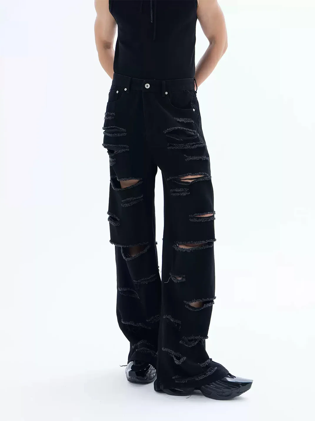 CLP | Black Distressed Wide-Leg Jeans