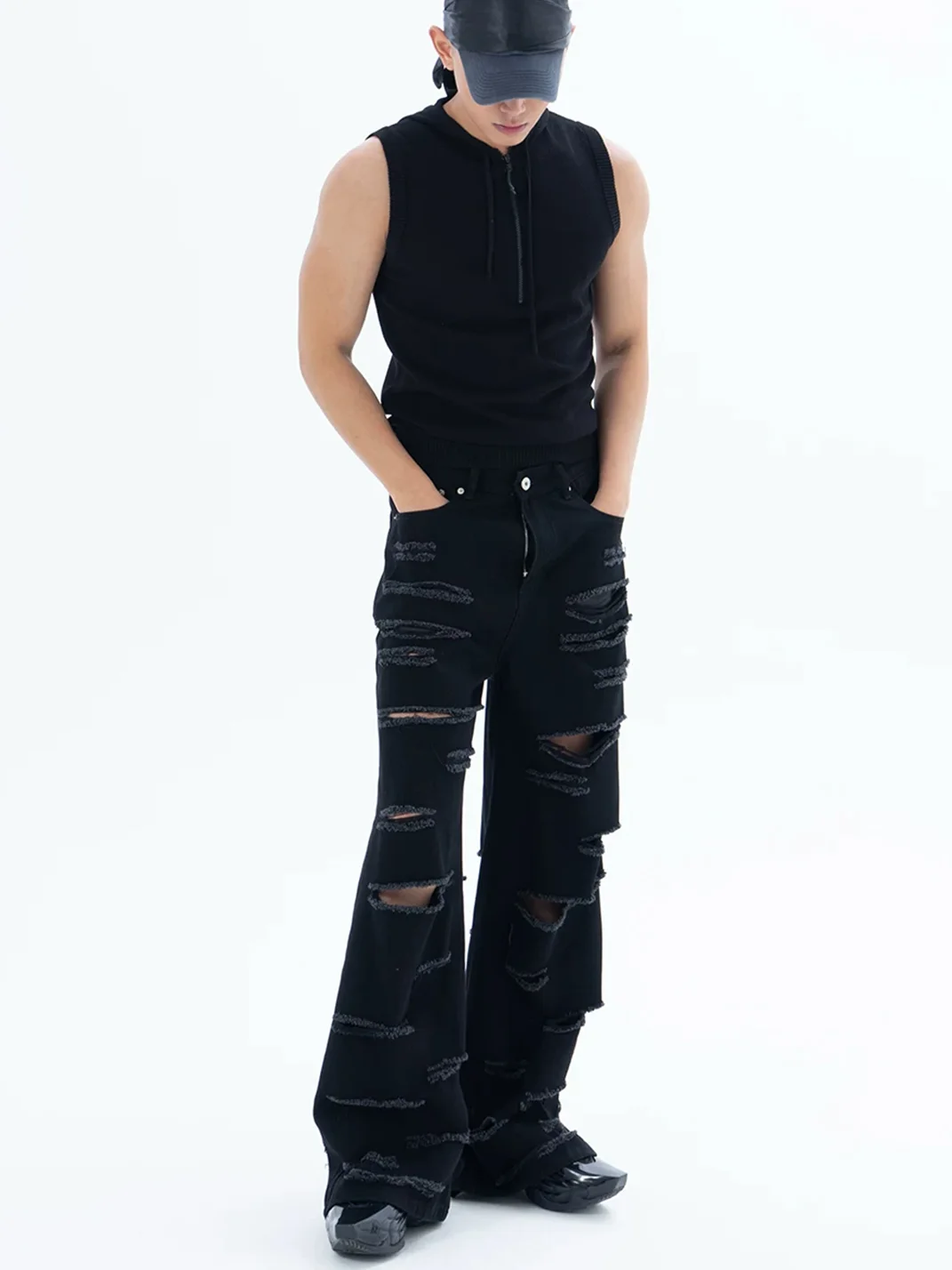 CLP | Black Distressed Wide-Leg Jeans