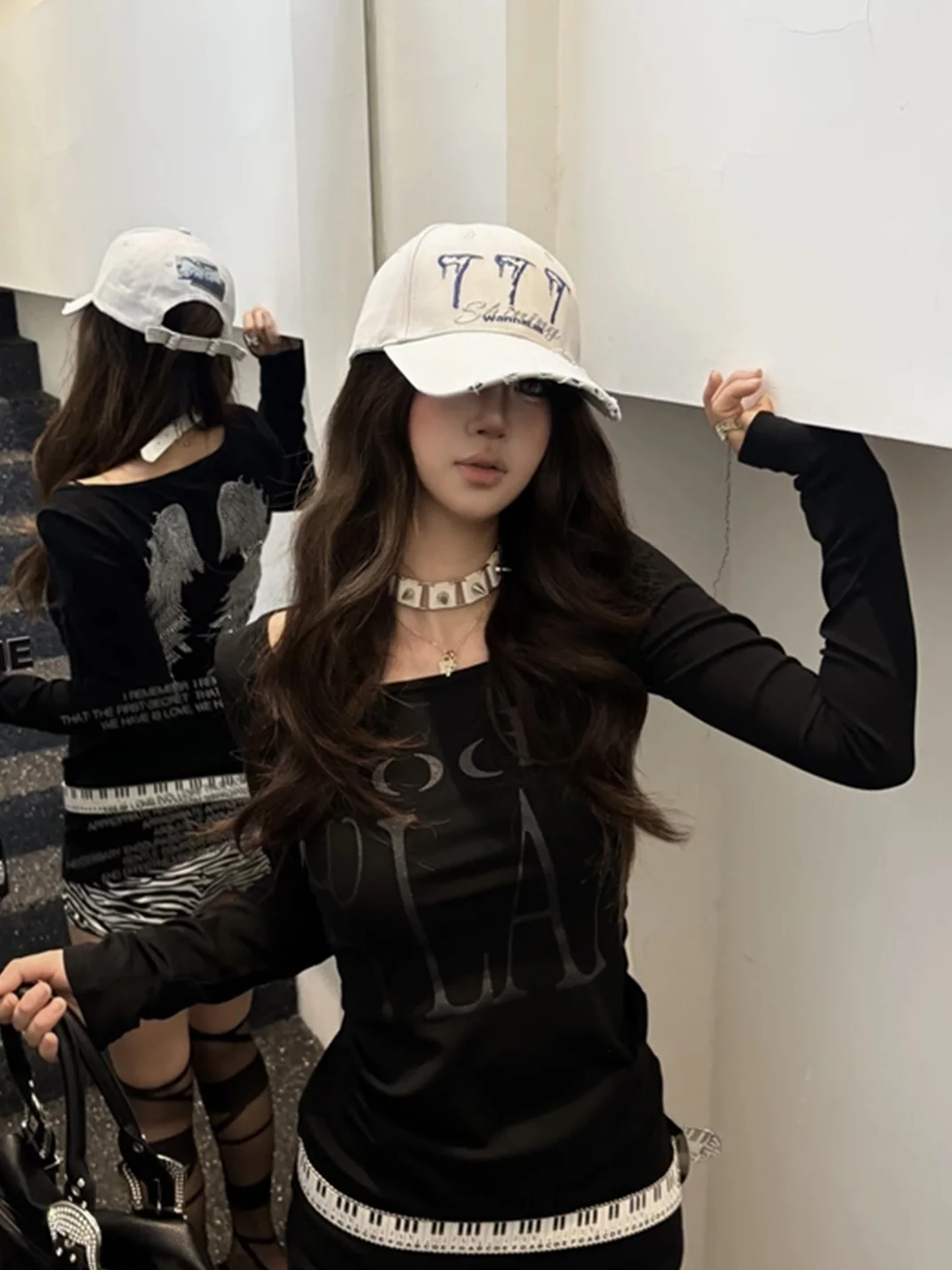 WANNA LAB | Distressed 777 Embroidered Curved Brim Baseball Cap