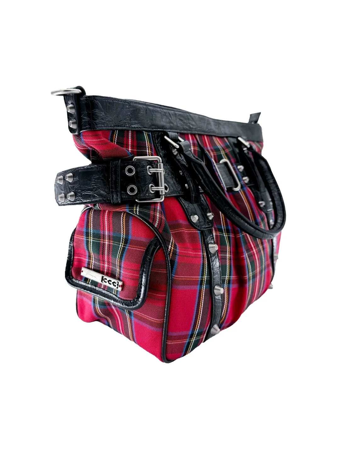 PCCVISION | Red Plaid Studded Strap Tote Bag