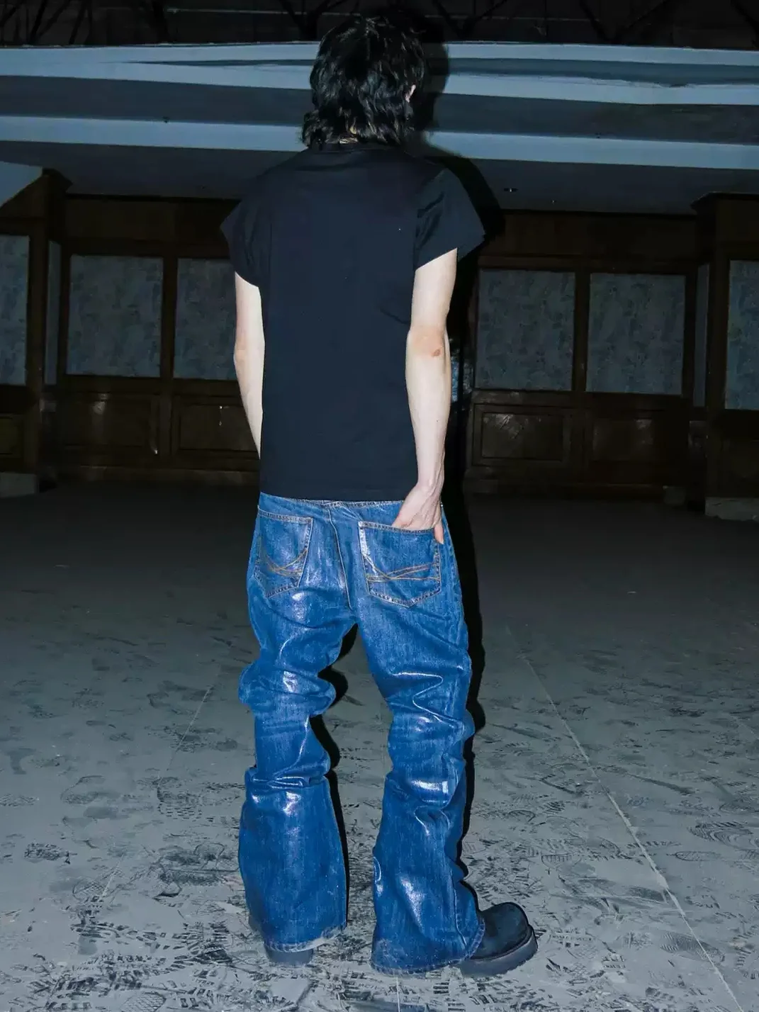 PCCVISION | Coated Dark Blue Bootcut Flare Jeans