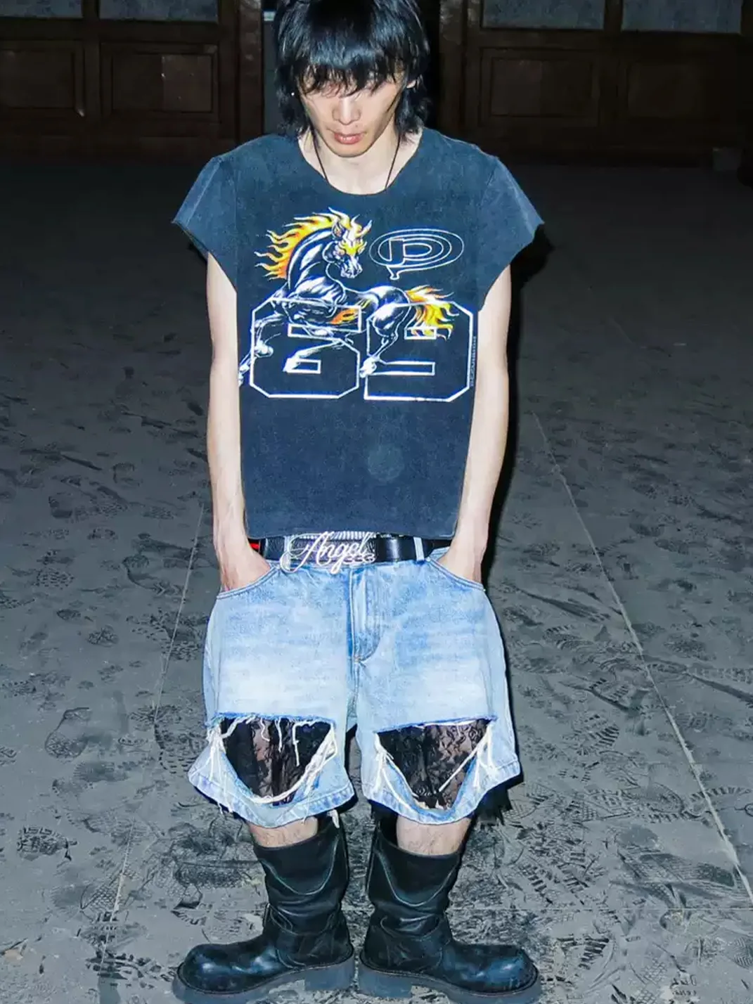 PCCVISION | Distressed Raw Edge Horse Print T-Shirt