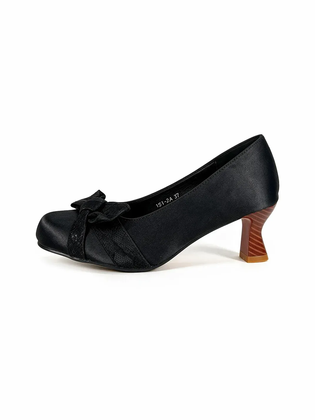 Dolly Bae | Black Satin Bow Sculpted Heel Pumps
