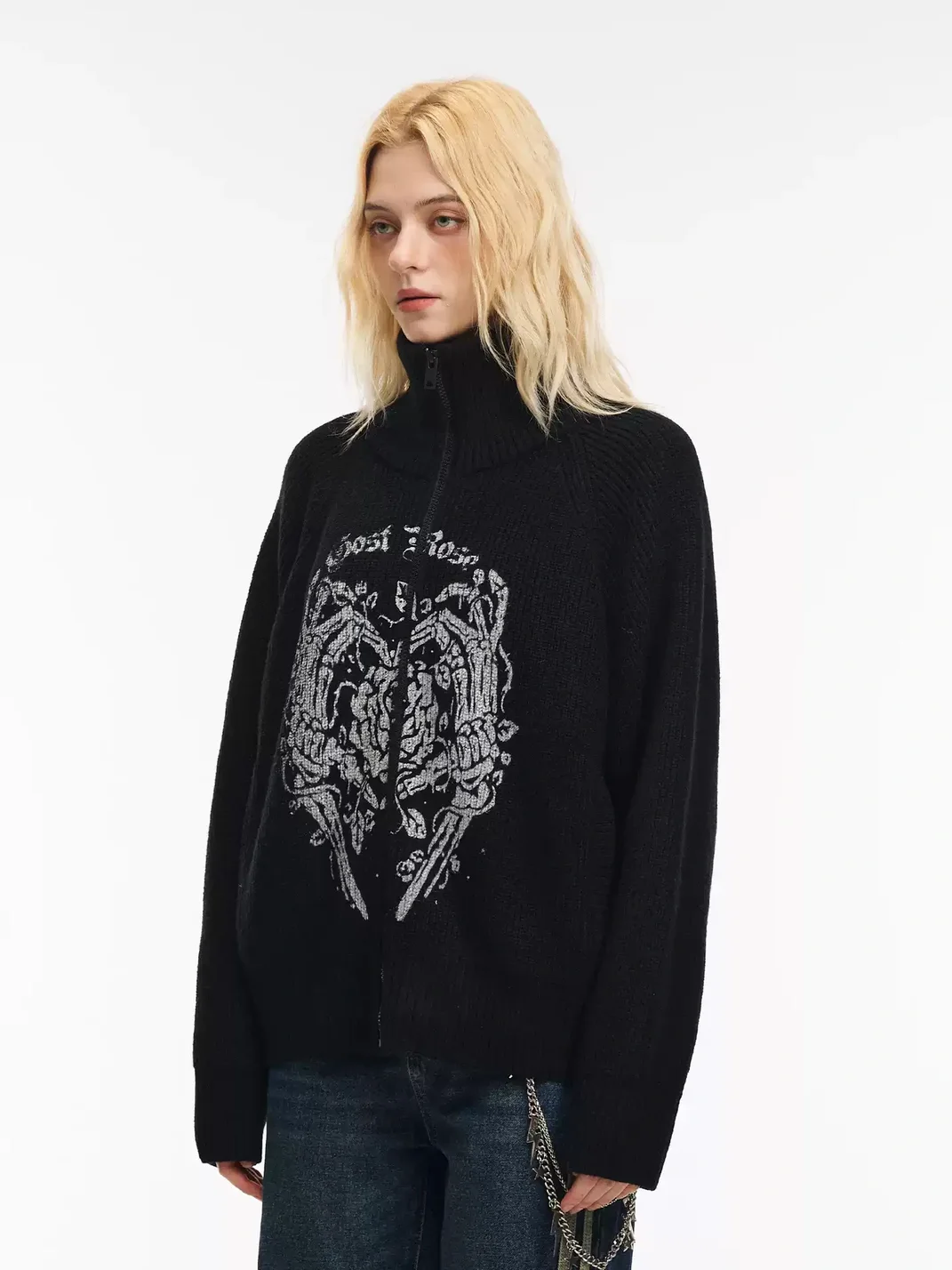 GOST | Skull Rose Graphic Knit Zip Sweater