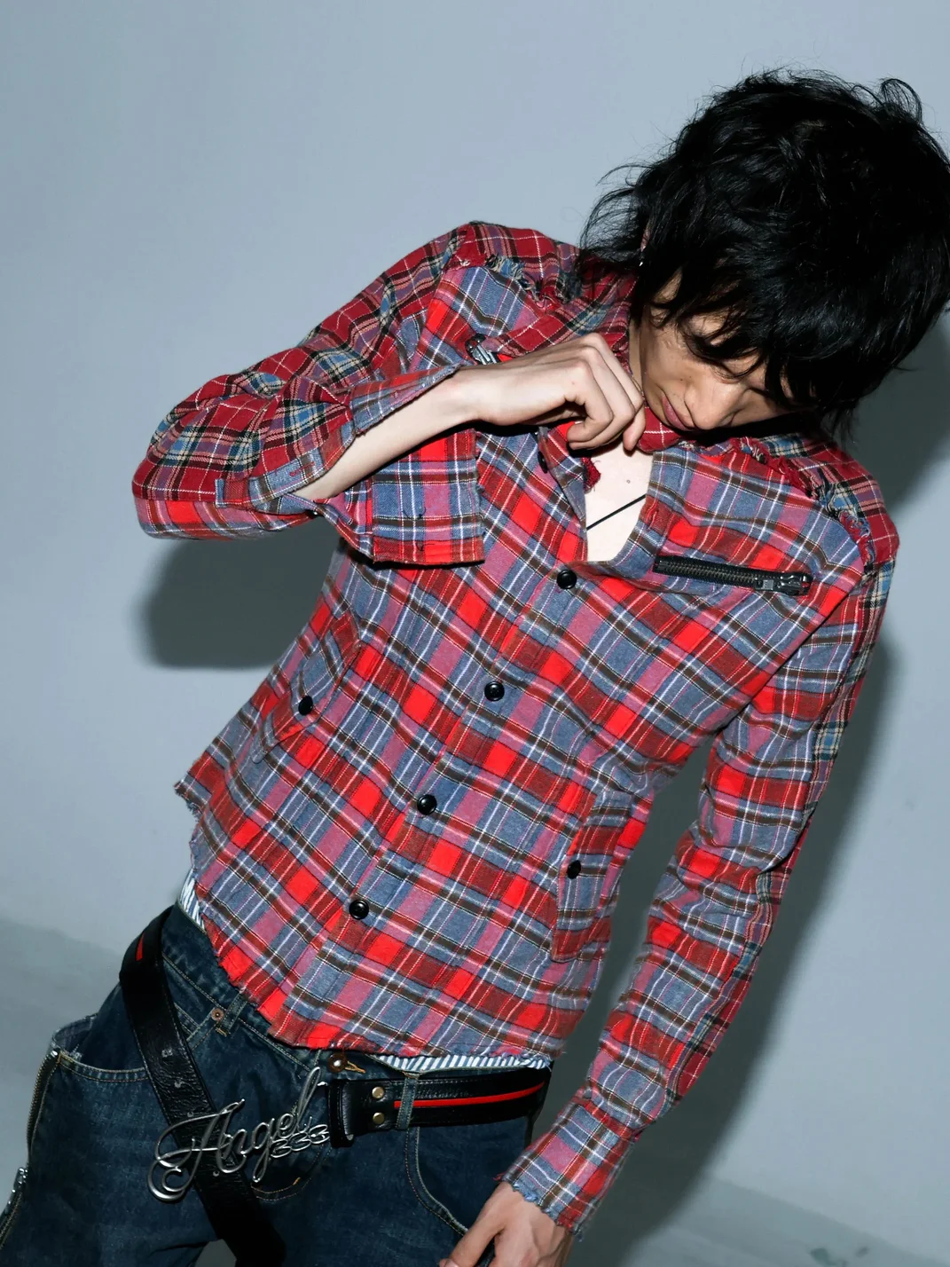 PCCVISION | Red Blue Plaid Distressed Long Sleeve Shirt